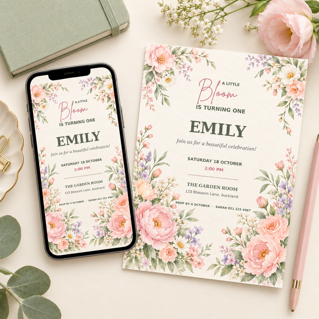 Little Bloom Birthday Invitation Template.