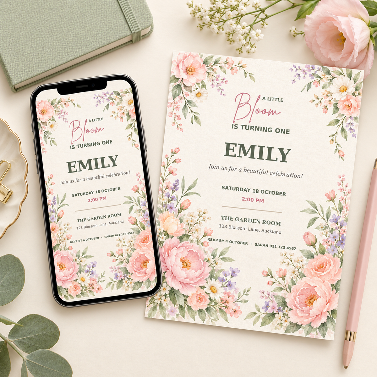 Little Bloom Birthday Invitation Template.