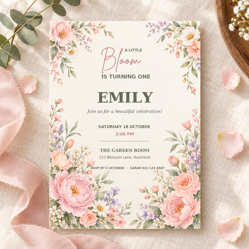 Little Bloom Birthday Invitation Template.