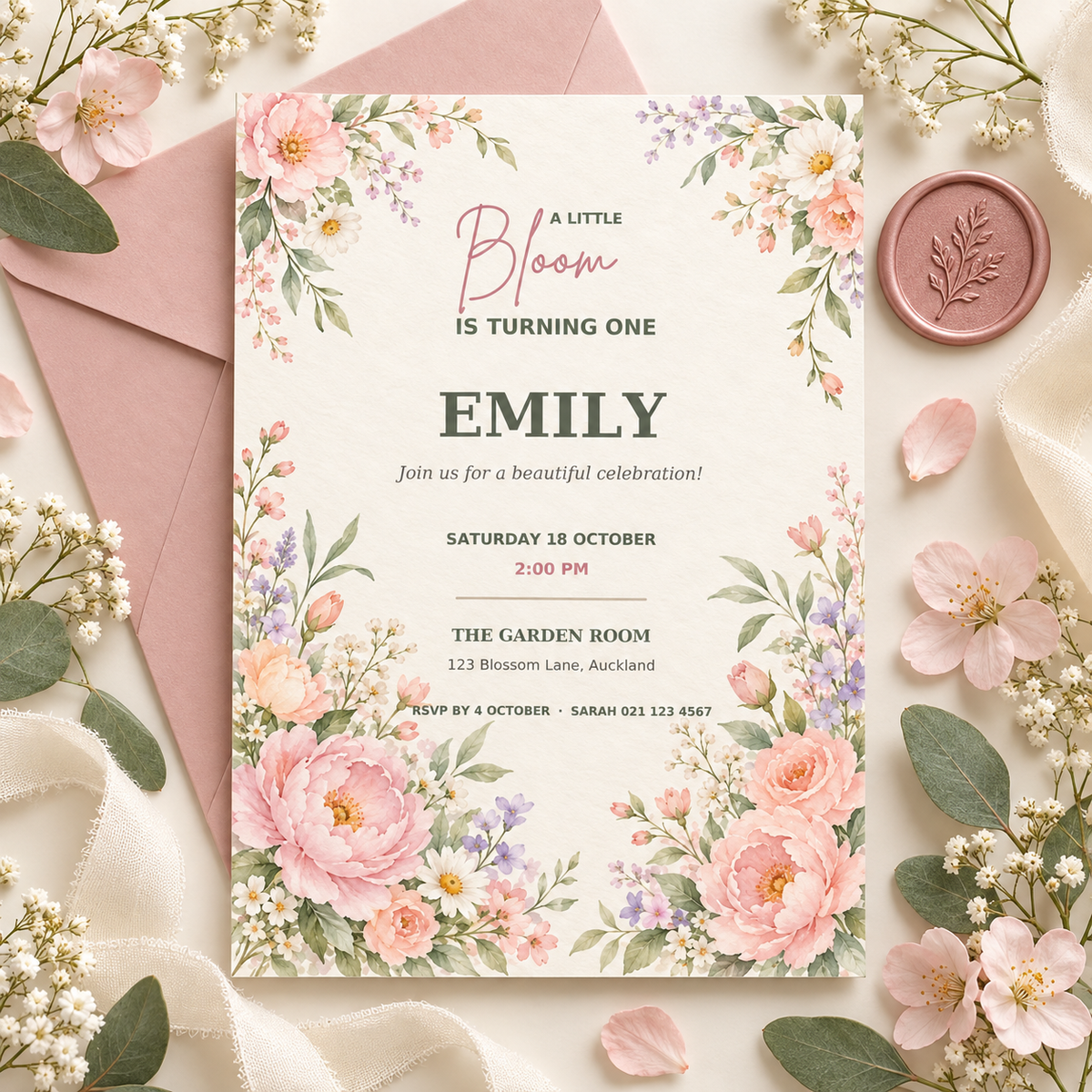 Little Bloom Birthday Invitation Template.